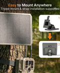 Heavy Duty 10 Watt Solar Panel For Trail Cameras With Lithium Battery Compatibility Durable Outdoor Charging Solution mounted on tree with adjustable base.