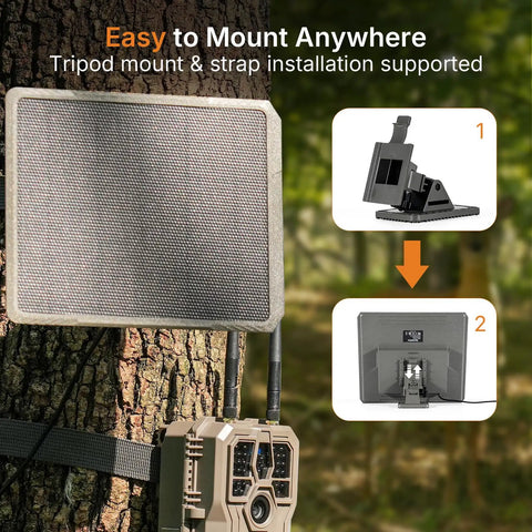 Heavy Duty 10 Watt Solar Panel For Trail Cameras With Lithium Battery Compatibility Durable Outdoor Charging Solution mounted on tree with adjustable base.