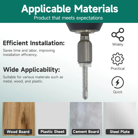 Applicable materials for 385 Pcs Baddest Self-Tapping Screws Hex Head Size 8 10 12 410 Stainless Steel kit, showing wood, plastic, cement, steel.