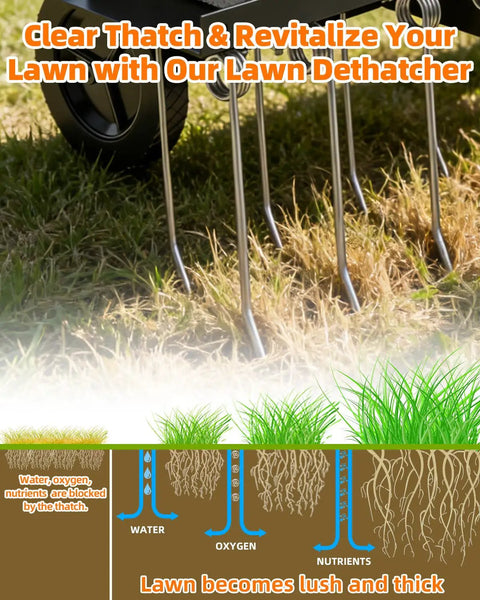 48 Inch Tow Behind Dethatcher For Lawns, Heavy-Duty Rake With 24 Rust-Proof Tines And Rugged Tow Tires shown clearing thatch