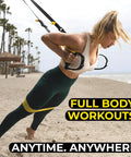 Woman using All-In-One Suspension Training System For Home Workouts And Full-Body HIIT on beach with outdoor anchors
