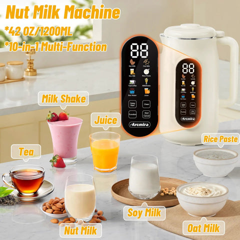 10 In 1 Automatic Nut Milk Maker With 42 Oz Capacity For Almond Soy Oat And Plant Based Milks And Juices Dairy Free Beverages With LED Panel Displayed With Various Drinks