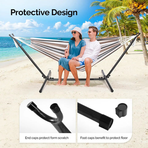 Heavy Duty Hammock Stand 450 Lbs Capacity, Adjustable Steel Frame For Indoor Outdoor Use on beach with two adults.