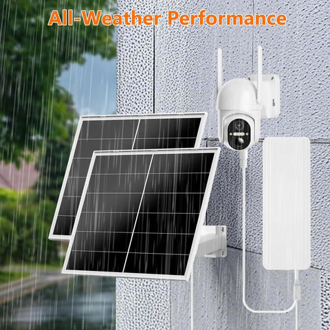 Hella Durable 40W Solar Charger Kit With 24000mAh Power Bank For Wireless Security Ptz And Trail Cameras Featuring Rock Solid Outdoor Plug And Play Battery Reserve installed on a wall with rain.
