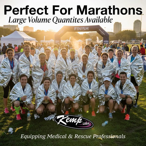 Group of runners with Emergency Mylar Blanket Set after marathon, wearing 25 Lightweight Thermal Reflective Survival Blankets.