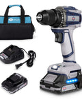 Heavy Duty 20 Volt Max Brushless Cordless Drill Kit With Badass 70 Newton Meter Torque And 1800 Rpm Speed For No Fuss Home Fixes Furniture Buildout And Everyday Diy Jobs Featuring Quick Change Keyless Chuck with battery and charger.