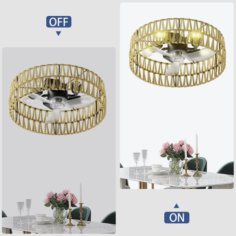 Geelife 3 Pc Ceiling Fan with Remote Control Low Profile Flush Mount, White shown in off and on positions in a dining setting.