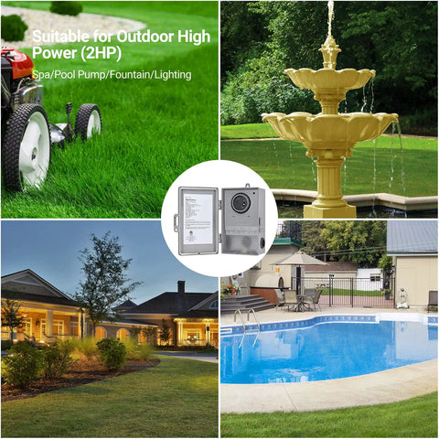 Beefy Outdoor Mechanical Pool Pump Timer Box 40A 120 to 277 VAC displayed with lawn, fountain, house, and pool visuals.
