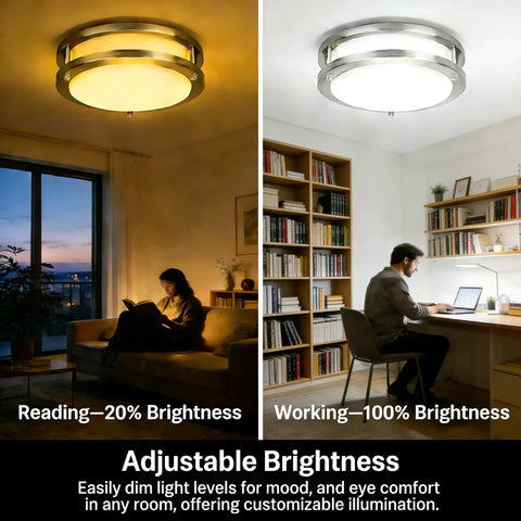 36W Dimmable LED Ceiling Light Fixture installed in room, showing adjustable brightness for reading and working environments.