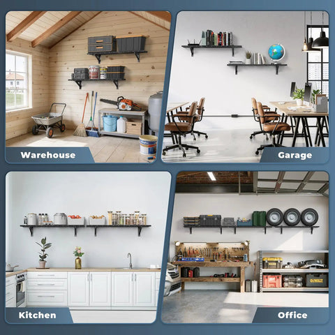 Two Pack Wall Mounted Garage Shelving Delivers Bulletproof 700 Lb Heavy Duty Capacity While Keeping Your Premium Power Gear Stacked Tight Without Any Hassle in warehouse, garage, kitchen, and office settings.