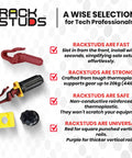 Rackstuds product selection showcasing fast and strong red rack screws, ideal for 19-inch racks with square vertical rails.