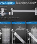 Diagram showing 3 spray modes of High Pressure 10 Inch Rain Shower Head With 11 Inch Adjustable Extension Arm And 5 Setting Handheld Shower Kit.