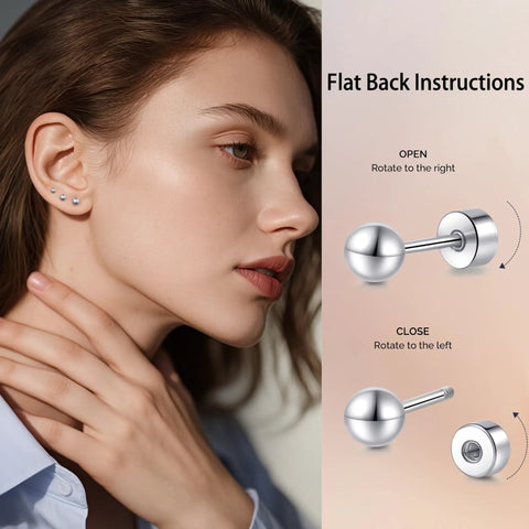 Heavy Duty Titanium Screw Back Flat Back Ball Stud Earrings For Women And Men With Hypoallergenic Nickel Free Build shown in flat back instruction image.