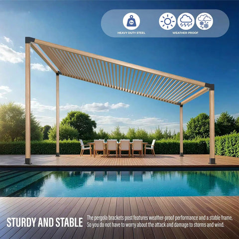 Heavy-Duty 15-Degree 3-Way Pergola Right Angle Bracket With Raised Post Base For 4x4 Wood Beams - Tough-As-Nails Weatherproof Garden Gazebo Corner Support Kit, Set Of 8
