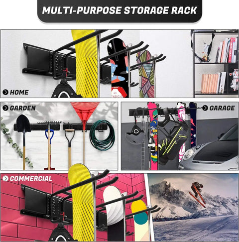 Heavy Duty Steel Ski And Snowboard Wall Mount Rack With Double Hooks And Cinch Straps For Garage Shed Organization showing rack in home, garden, garage, and commercial use.