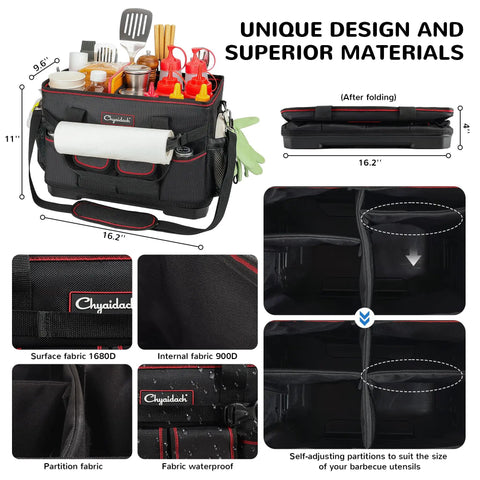 Large Grill Caddy With Hard Bottom And Paper Towel Holder All In One Outdoor BBQ Utensil Organizer with dividers and accessories