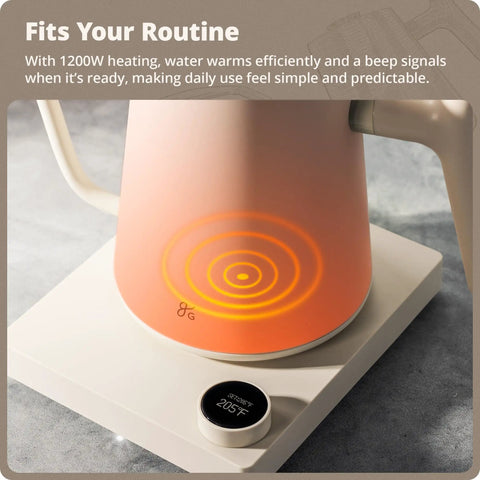 Electric Gooseneck Kettle With Precision Temperature Control 1200W Fast Boil 0.8L Stainless Steel BPA Free Ideal For Pour Over Coffee And Tea Adjustable 104 To 212 Fahrenheit Keeps Your Brew At The Right Temp on heating base with temperature display at 205°F.