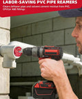 Four Piece PVC Pipe Reamer Kit For Home DIYers With Drill Adaptability in use on PVC pipes.
