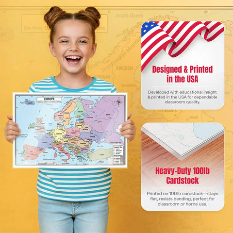 Girl holding Europe Map 11x17 Laminated Dry Erase Chart, Double-Sided With Color Front And Blank Outline Back, smiling front view