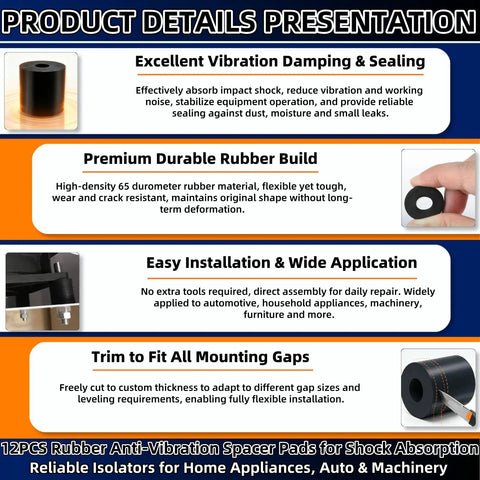 12 Pcs Round Rubber Spacers And Bushings 0.8 Inch OD 0.3 Inch ID 0.8 Inch Thick Washer Anti Vibration Damping Pads shown in product details presentation.