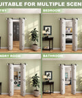 Image showing 48 By 84 Inch Bifold Barn Door With Complete Hardware Set in various room settings: pantry, bedroom, laundry room, bathroom.