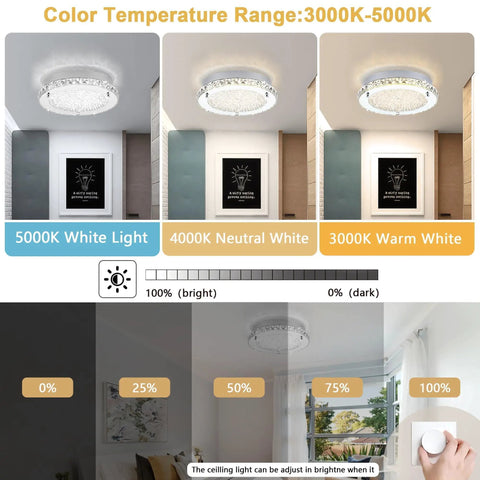 Crystal Flush Mount Ceiling Light 18W LED Dimmable Modern Fixture 11 Inch Diameter Three Color Temperatures 3000K 4000K 5000K 1980 Lumens Brighten Bedroom Closet Foyer Hallway With Crystal Glow color temperature display