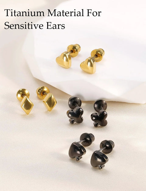Implant Grade F136 Titanium Cubic Zirconia Stud Earrings Secure Screw Back Ultra Light Hypoallergenic For Sensitive Ears All Day Fresh Fit No Drama Vibe Top Tier Slay with gold and black heart shapes.