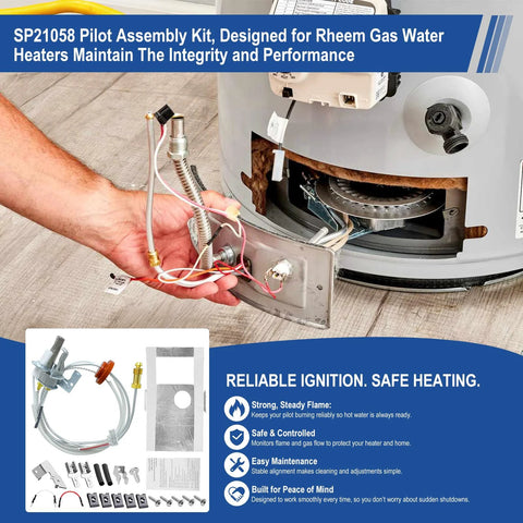 SP21058 Pilot Assembly Replacement Kit for Rheem/Ruud gas water heaters; metal burner assembly with wiring harness