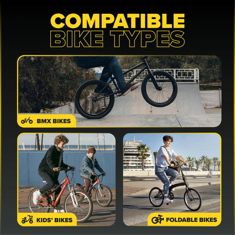 Three images showing a BMX bike, kids' bikes, and a foldable bike, representing compatibility for Two Pack 20 Inch Bike Inner Tubes 20x1.75 1.90 1.95 2.00 2.10 2.125 With 32mm Schrader Valve Butyl Rubber Replacement Tubes For Kids BMX Cruiser Mountain And Electric Bikes.