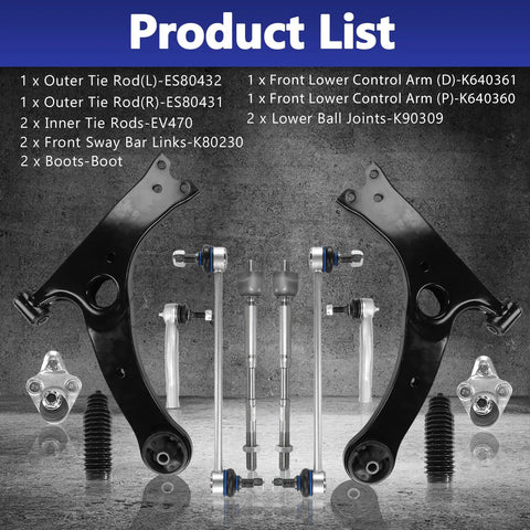 Built Tough 12 Piece Front Lower Suspension Kit With Control Arms Ball Joints Sway Bar Links And Tie Rod Boots For Toyota Corolla 2003 To 2008 All Trims product list with components on a gray background.