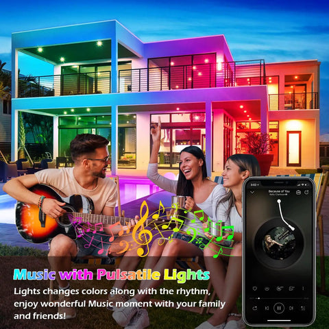 Outdoor Waterproof LED Strip Lights 100 Ft RGB Color Changing With Music Sync IP65 used on a modern house at night