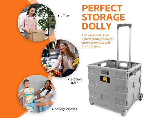 Collapsible Gray Rolling Dolly With Adjustable Handle And Extra Storage For Classroom, Office, And Grocery Runs