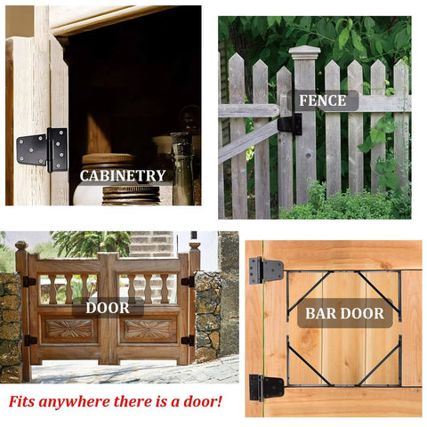 Three And A Half Inch Heavy Duty Gate Hinges Eight Pack Black Iron T Hinges installed on cabinetry, fence, door, and bar door.
