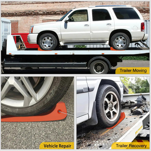 Heavy Duty Wrecker Tire Skids 4 Pack Low Friction Rolling Mats For Flatbed Recovery Gear on a trailer with a vehicle.