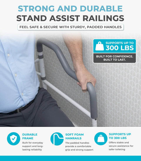 Sturdy Toilet Safety Rails For Seniors Offering Beefy Support With Plush Arm Grips And Solid Footrest Makes Daily Standing Easy Up To 300 Lbs Fits Standard Toilets Naturally With Quick Detachable Setup For Zero Hassle Independence. Image shows a person holding the padded handle of the safety rail.