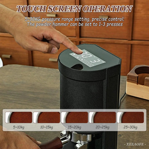 Heavy Duty Automatic Electric Coffee Tamper Hits Just Right Every Time Custom Pressure Range Five To Thirty KG Smart Timers Universal Fit displayed with touch screen operation, showing pressure settings.