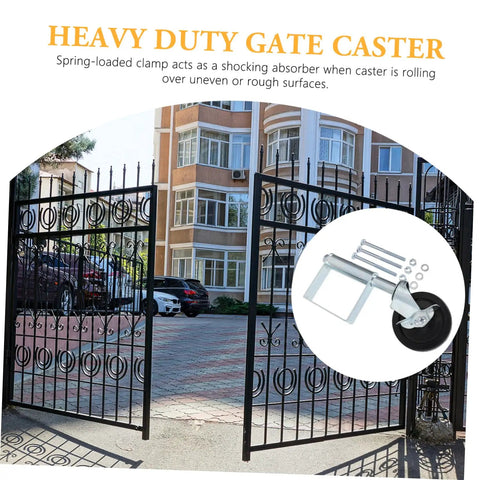 Heavy Duty Spring Gate Wheel Caster With Mounting Hardware Cold Rolled Steel on outdoor garden gate rolling over pavement.