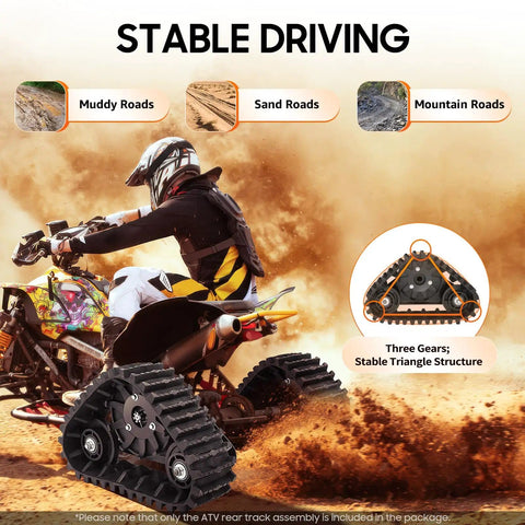Go Kart Tracks Assembly Kit 23 Point 6 Inch Rear Axle Track Kit for ATV and Quad Frames showing snowmobile style rear wheel on sand
