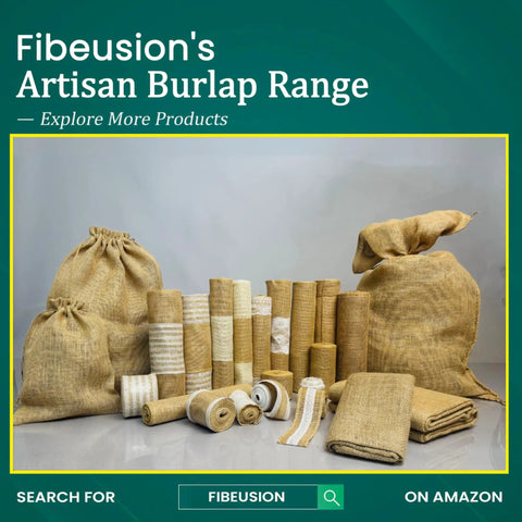 Various burlap products displayed including rolls, bags, and sheets from Fibeusion's Artisan Burlap Range for crafts and decor.
