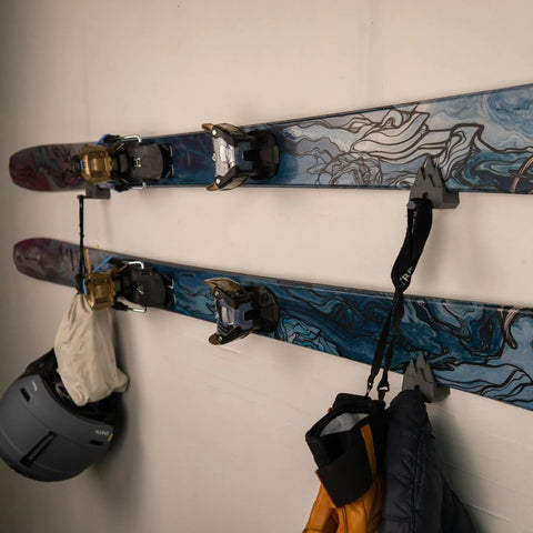 Slick Horizontal Ski Rack Wall Mount Bracket Black Hookless Design Keeps Your Boards Flat Against The Wall with jackets and gear.