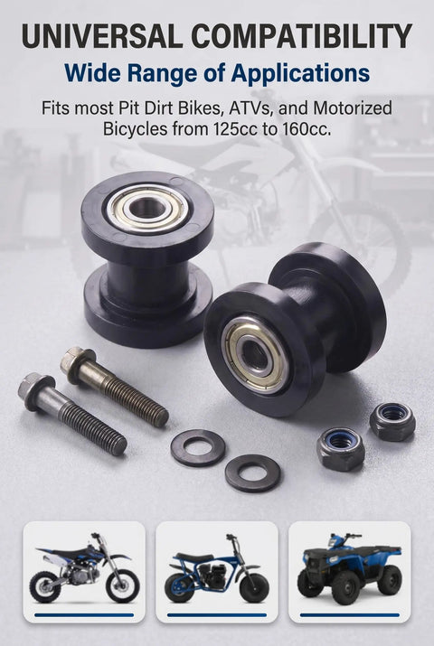 Make Your Ride Feel Sweet By Killing Chain Slack With This 2 Piece Universal Chain Tensioner Pulley Kit For Mini Bikes Pit Bikes ATVs And Dirt Bikes 125cc 140cc 160cc Black showing nylon pulleys and hardware.