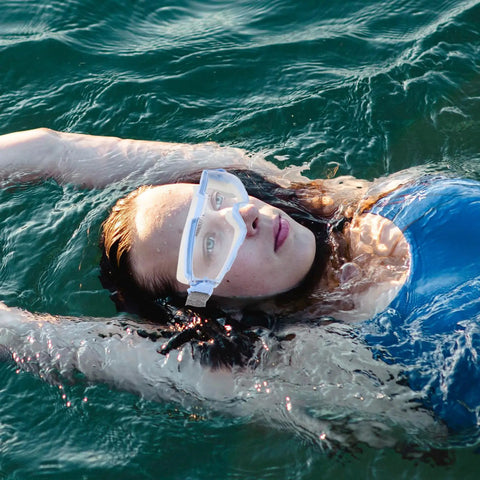 Heavy Duty Polycarbonate Safety Glasses With High Clarity Blue Lens Side Shields For Industrial Construction And Lab Work Built Tough For The Daily Grind And Straight Up Eye Protection, worn while swimming.