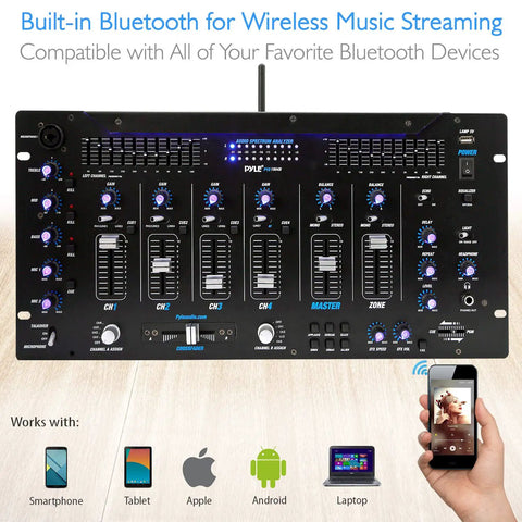 Six Channel Bluetooth DJ Mixer Controller With LED Illumination And Digital Audio Mixing System, front view, connected devices