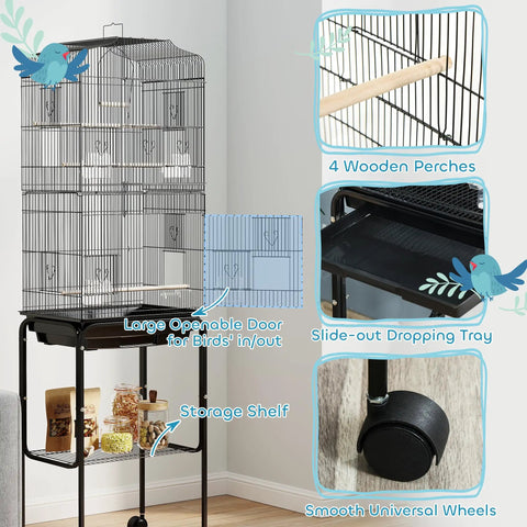Heavy Duty Sixty Inch Metal Bird Cage With Easy Rolling Stand And Handy Storage Basket For Small Parrots Budgies Plus Full Pet Start Kit Accessories Ready To Treat Your Feathered Crew Black Indoor Flight Habitat with sliding tray, wooden perches, and storage shelf.