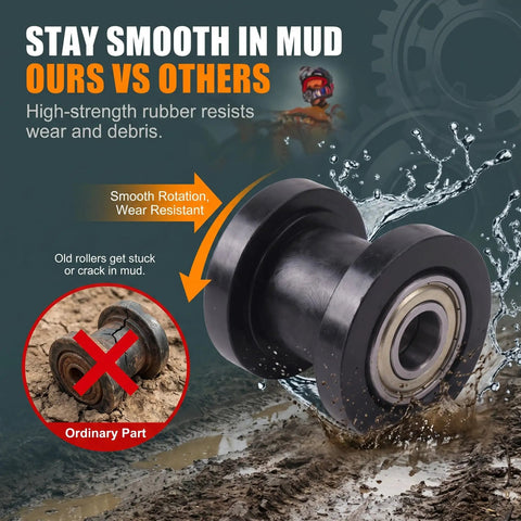 Dual Pack Chain Roller Tensioner And 8mm 10mm Pulley Wheels Universal Fit For Motorcycle ATV Pit Bike rubber tensioner on muddy terrain.
