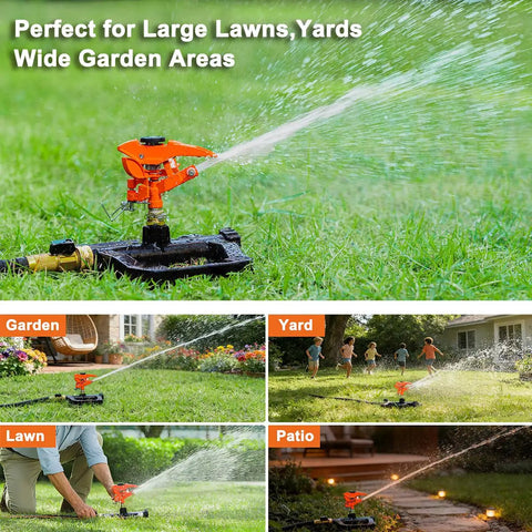 Heavy Duty Pulsating Impact Sprinkler For Yard, 360 Degree Rotating Lawn Sprinkler with All Metal Base in action on grass