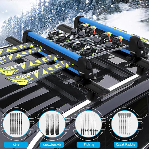 Heavy Duty Aluminum Roof Ski Rack With Secure Strap Carrier For Skis Snowboards And Paddleboards Universal Crossbar Fit, four pairs of skis loaded.