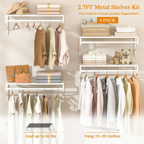 Heavy Duty Workhorse Wall Mounted Closet Shelves With Hanging Rod Four Pack Floating White Wire Shelving For Laundry Room And Garage Organization Straight Shooter Setup with clothing and linens.