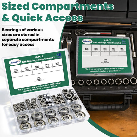 Rugged Heavy Duty Carbon Steel Ball Bearing Assortment Kit With Six Essential Sizes Of Pro Grade Deep Groove Rollers Built Tough For Any Beast Mode Project Today in clear storage case.