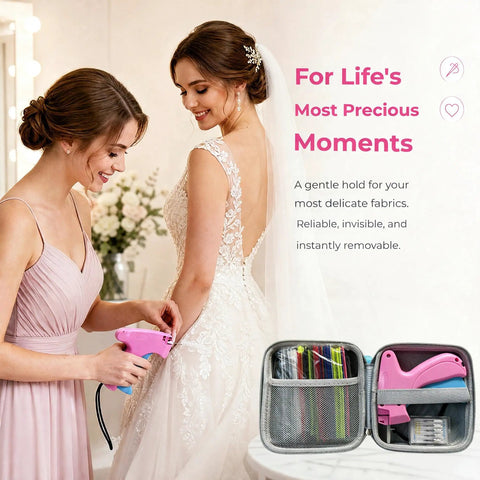 Skip The Sewing Machine For This Game Changer No Sew Stitch Gun making snappy repairs on a wedding dress, compact toolkit.